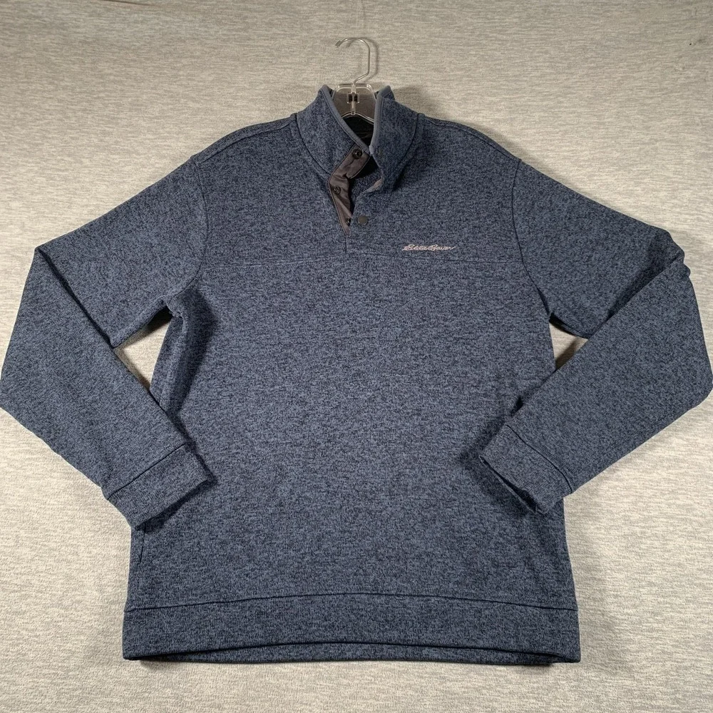 Eddie Bauer Sweater Mens Large Blue 1/4 Snap Mock‎ Neck Knit Pullover Casual